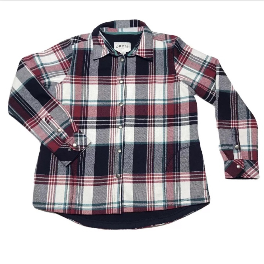 Orvis Red and Blue Plaid Flannel Shirt Jacket Size Large Fleece Lined Outdoor